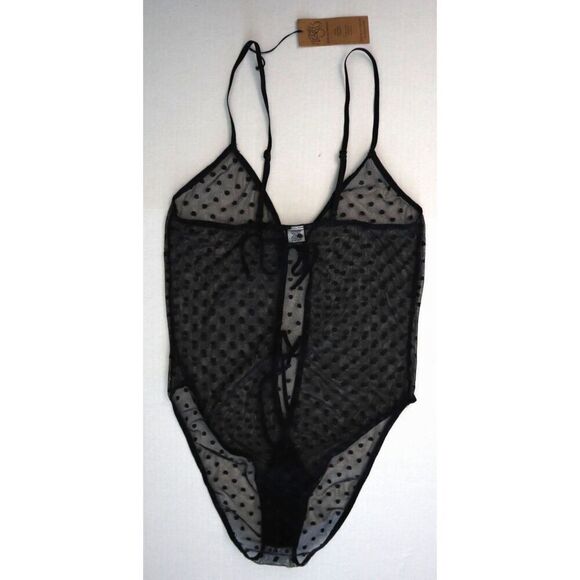 Only Hearts 8938 Women's Sz S Black Sheer Polka Dots Coucou Brigitte Bodysuit - Picture 2 of 7